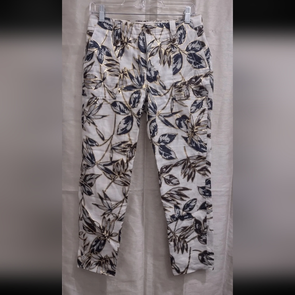 NWT J. Crew Linen Garden Pant Cropped Trouser Sz 2 Gold Leaf Navy Tan White